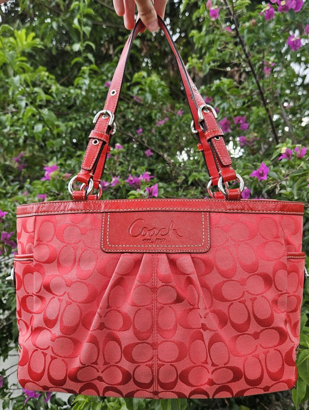 Coach F14281 Cherry Red Signature Pleated Gallery Tote Shoulder Bag EUC